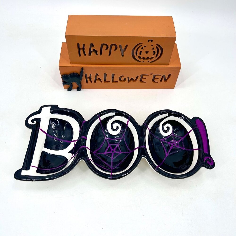 HALLOWEEN BOO CERAMIC CANDY DISH & HAPPY HALLOWEEN WOOD BLOCK DECOR SET